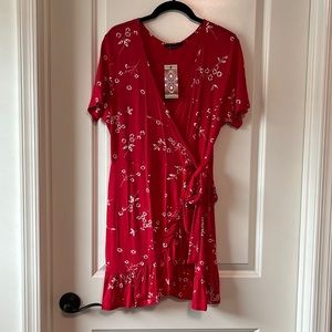 Boohoo Red Floral Wrap Dress